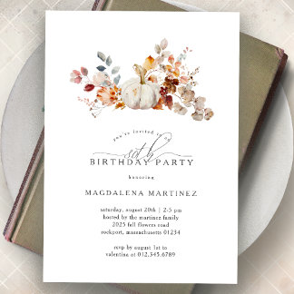 80th Birthday Party White Pumpkin Fall Flowers Invitation