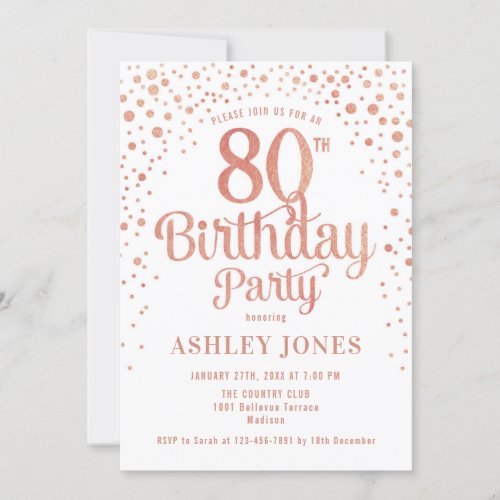 80th Birthday Party _ White  Rose Gold Invitation