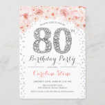 80th Birthday Party - White Silver Pink Invitation<br><div class="desc">80th Birthday Party Invitation
Elegant design in faux glitter silver,  pink and white. Stylish floral invitation with diamonds and roses. Perfect for a glam celebration. Please message me if you need further customization.</div>
