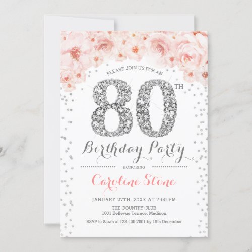 80th Birthday Party _ White Silver Pink Invitation