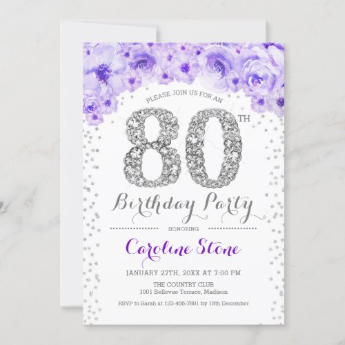 80th Birthday Party _ White Silver Purple Invitation