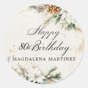 80th Birthday Party White Winter Floral Custom Classic Round Sticker