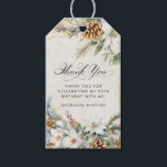 80th Birthday Party White Winter Floral Favor Gift Tags<br><div class="desc">Elegant winter white flowers are nestled in pine greenery and pinecones. The soft ivory white watercolor wash background is accented with gold flecks to create a sophisticated and chic aesthetic.</div>