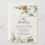 80th Birthday Party Winter White Floral Greenery Invitation<br><div class="desc">Elegant white flowers are nestled in winter pine greenery and pinecones. The floral design is framed by a soft ivory watercolor wash infused with soft gold flecks. Perfect for a Christmas or winter birthday party.</div>