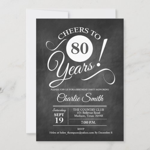 80th Birthday Party with Chalkboard Pattern Invitation
