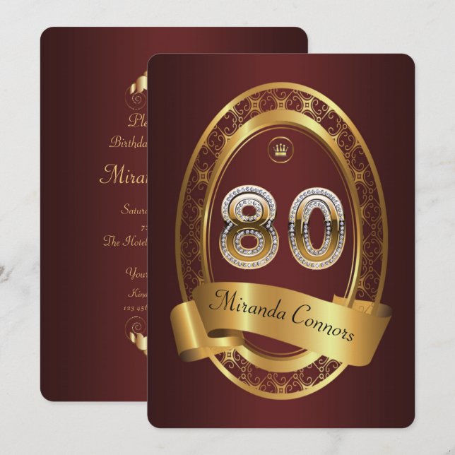 80th,birthday party woman man,elegant color invitation (Front/Back)