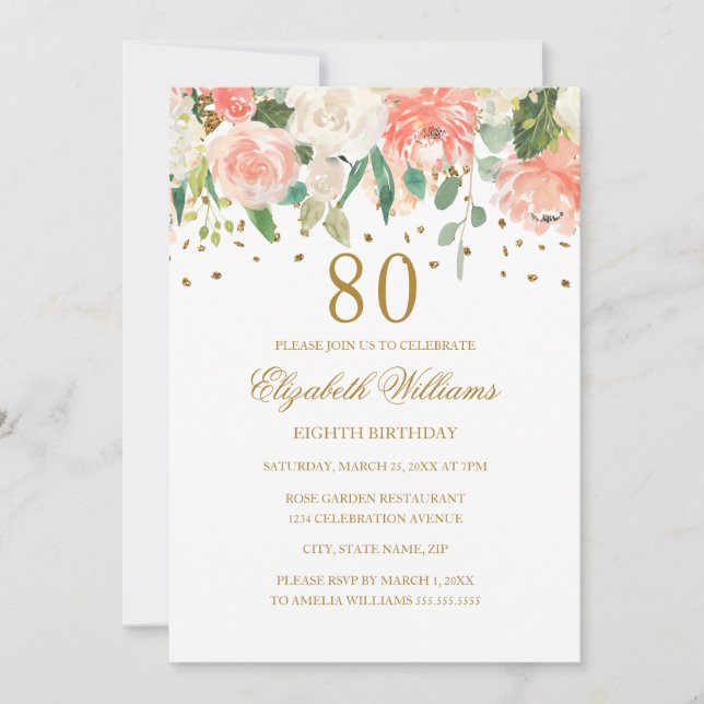 80th Birthday Peach Gold Floral Invitation (Front)