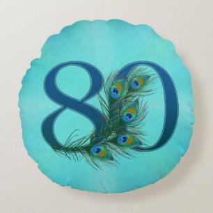 80th Birthday Peacock Feather Number Round Pillow