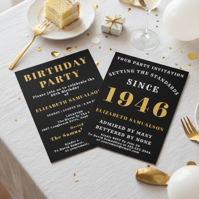 80th Birthday Personalized Black & Gold 1946 Invitation (80th birthday party invitation on a party table.)