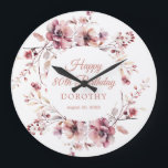80th Birthday Personalized Burgundy Pink Floral Large Clock<br><div class="desc">A personalized wall clock is a great birthday gift idea for a 80th birthday gift. The birthday celebrant can celebrate their birthday and add a pretty touch to your decor with this personalized burgundy and dusty pink floral wall clock. An elegant watercolor wreath decorates the front and back. Four lines...</div>
