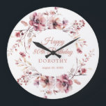 80th Birthday Personalized Burgundy Pink Floral Large Clock<br><div class="desc">A personalized wall clock is a great birthday gift idea for a 80th birthday gift. The birthday celebrant can celebrate their birthday and add a pretty touch to your decor with this personalized burgundy and dusty pink floral wall clock. An elegant watercolor wreath decorates the front and back. Four lines...</div>