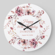 80th Birthday Personalized Burgundy Pink Floral Large Clock