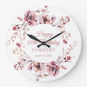 80th Birthday Personalized Burgundy Pink Floral Large Clock