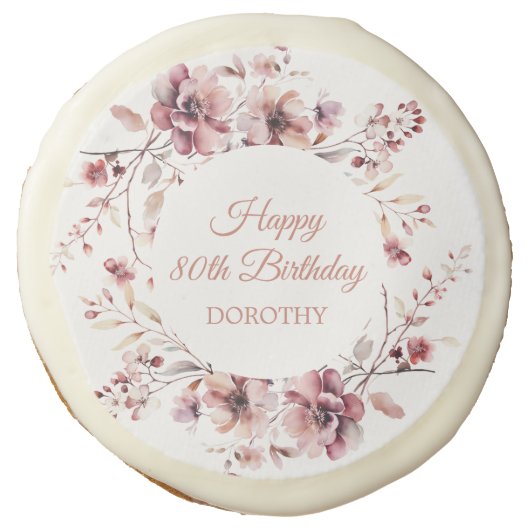 80th Birthday Personalized Burgundy Pink Floral Sugar Cookie (Front)