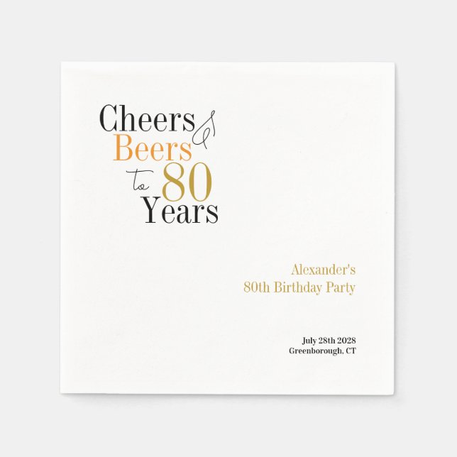 80th Birthday Personalized Cheers and Beers Party Napkins (Front)