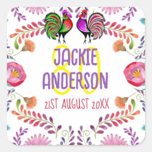 80th Birthday Personalized Folk Flowers Fiesta Square Sticker