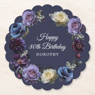 80th Birthday Personalized Moody Purple Flower Paper Coaster