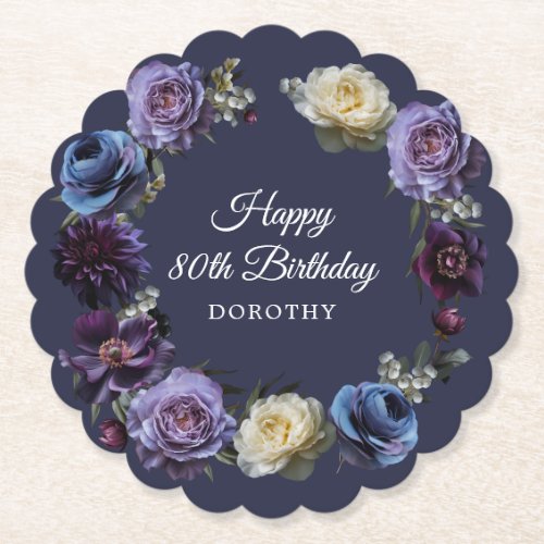 80th Birthday Personalized Moody Purple Flower  Paper Coaster