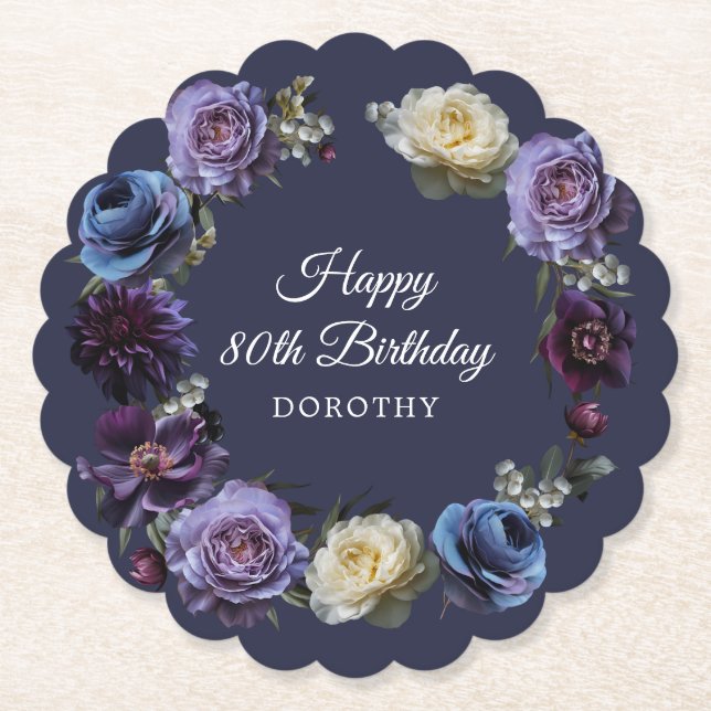 80th Birthday Personalized Moody Purple Flower  Paper Coaster (Front)