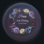 80th Birthday Personalized Moody Purple Flower Paper Plates<br><div class="desc">Moody and mysterious purple roses and peonies set the tone for this elegant 80th birthday party paper plate. White and blue flowers add a pop of color to the dark watercolor wreath. Happy 80th Birthday and the birthday celebrant's name is in the center. The bright white script gives it an...</div>