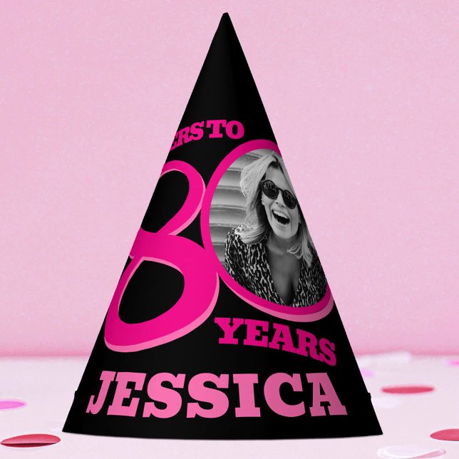 80th birthday personalized photo pink black party hat (Creator Uploaded)