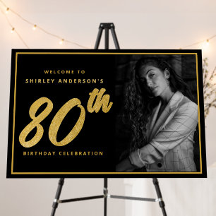 80th Birthday Photo Black Faux Gold Leaf Elegant  Foam Board
