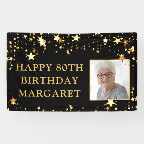 80th Birthday Photo Black Gold Stars Personalized Banner