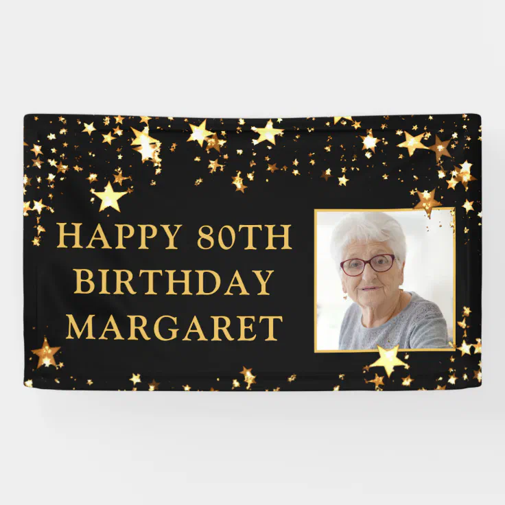 80th Birthday Photo Black Gold Stars Personalized Banner Zazzle