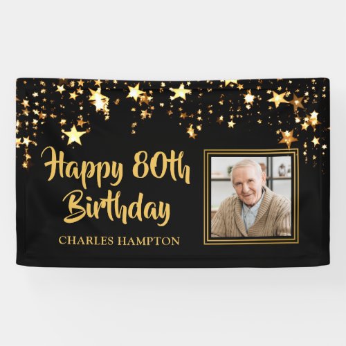 80th Birthday Photo Black Gold Stars Personalized Banner - Honor the 80-year-old and welcome your party guests with this black and gold themed banner with gold stars and HAPPY 80TH BIRTHDAY in a modern, brush script font and personalized with their name. The title is editable to change to any age birthday.
PHOTO TIP:  For fastest/best results, choose a photo with the subject in the middle and/or pre-crop it to a square shape BEFORE uploading and it will fill in the photo space perfectly.  
Contact the designer if you’d like this design modified, on another product or would like coordinating items for your party ensemble.