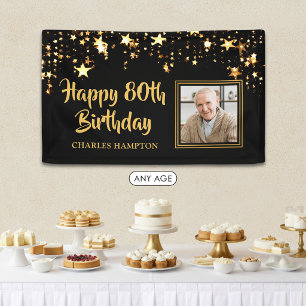 80th Birthday Photo Black Gold Stars Personalized Banner