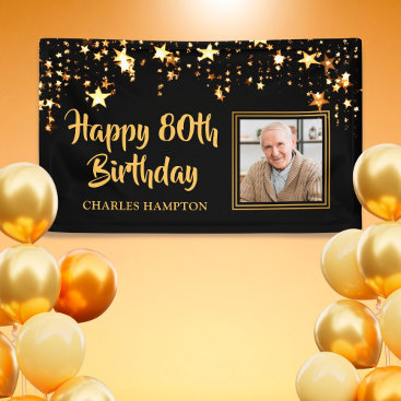 80th Birthday Photo Black Gold Stars Personalized Banner
