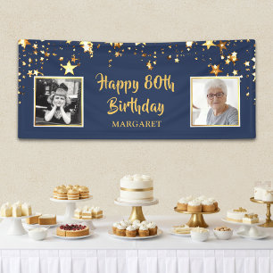 80th Birthday Photo Blue Gold Stars Personalized Banner