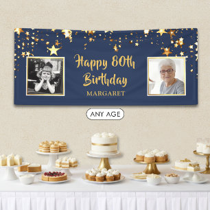 80th Birthday Photo Blue Gold Stars Personalized Banner