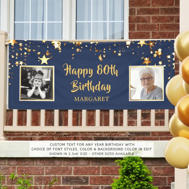80th Birthday Photo Blue Gold Stars Personalized Banner (Creator Uploaded)