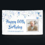 80th Birthday Photo Blue Stars Personalized Banner<br><div class="desc">Celebrate an 80th, or any age, birthday and/or welcome party guests with this blue and white banner sign with blue stars and HAPPY # BIRTHDAY in a modern, hand lettered brush script font and personalized with their name and a photo framed in silver. PHOTO TIP: For fastest/best results, choose a...</div>