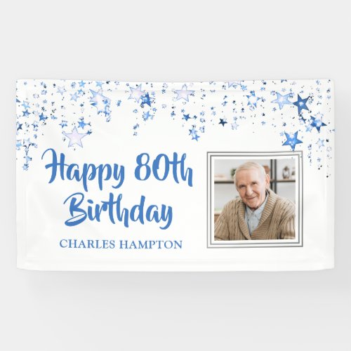 80th Birthday Photo Blue Stars Personalized Banner