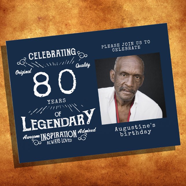 80th Birthday Photo Blue Vintage Birthday Invites (Creator Uploaded)