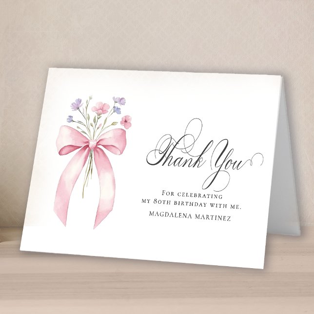 80th Birthday Photo Blush Pink Floral Folded Thank You Card (Creator Uploaded)
