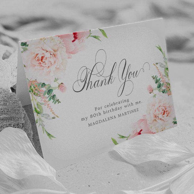 80th Birthday Photo Blush Pink Floral Folded Thank You Card (Creator Uploaded)