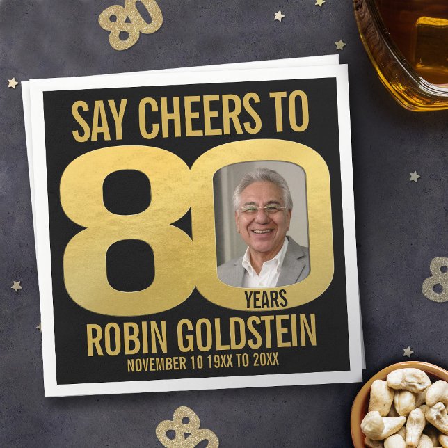 80th birthday photo cheers black and gold napkins (Creator Uploaded)