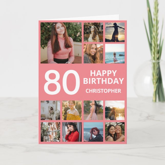 80th Birthday Photo Collage 13 Photos Pink & White Card (Front)