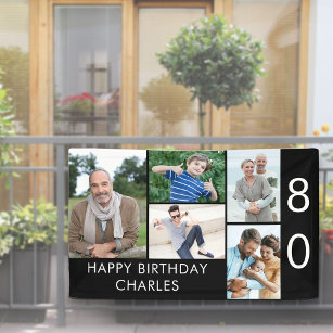 80th Birthday Photo Collage 5 Picture Black White Banner