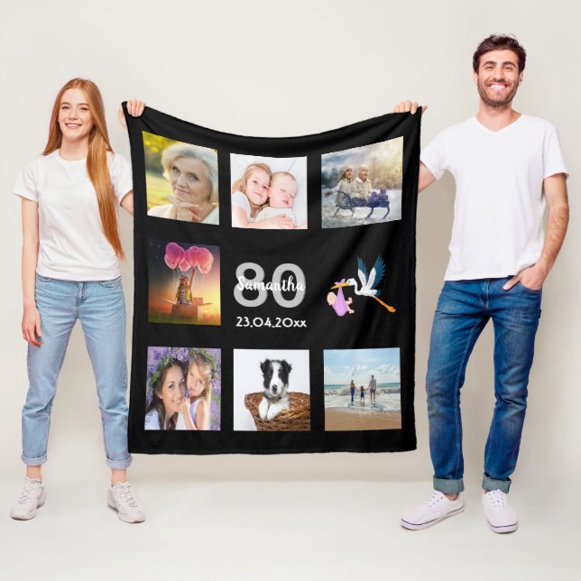 80th birthday photo collage black fleece blanket (In Situ)