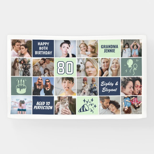 80th Birthday Photo Collage Custom Mint Blue Banner (Horizontal)