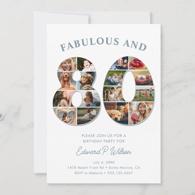 80th Birthday Photo Collage Elegant and Timeless Invitation (Front)