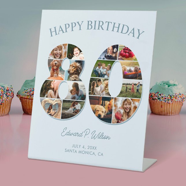 80th Birthday Photo Collage Elegant and Timeless Pedestal Sign (Creator Uploaded)