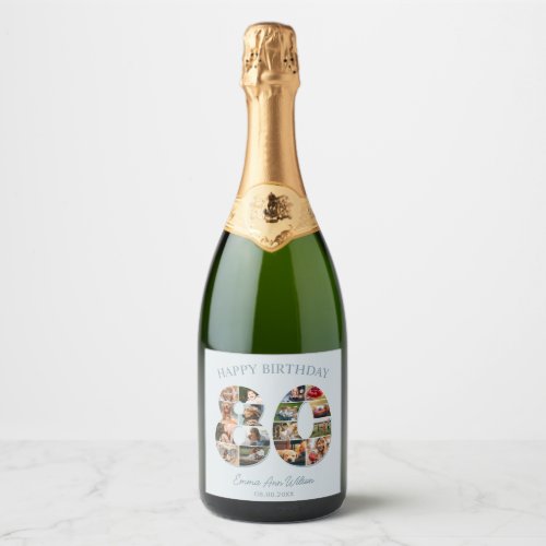 80th Birthday Photo Collage Elegant and Timeless Sparkling Wine Label