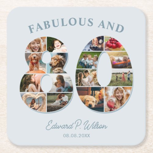80th Birthday Photo Collage Elegant and Timeless Square Paper Coaster