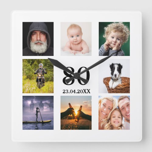 80th birthday photo collage guy square wall clock