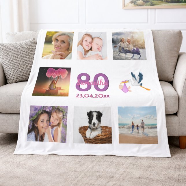 80th birthday photo collage white fleece blanket (Creator Uploaded)